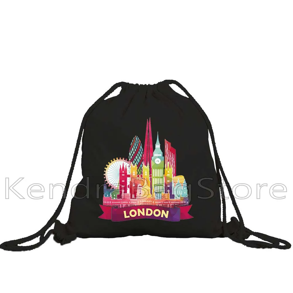 United Kingdom London England Flag Map Retro Bus Big Ben Bridge Phone Booth Trip Drawstring Bags Soccer Backpack Gym Sackpack