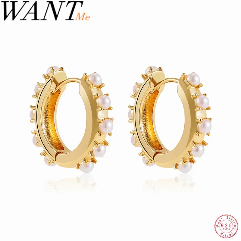 

WANTME стерлингового серебра 925 пробы, европейские большие серьги-кольца с синтетическим жемчугом Huggies для женщин, массивные золотые богемные ювелирные изделия