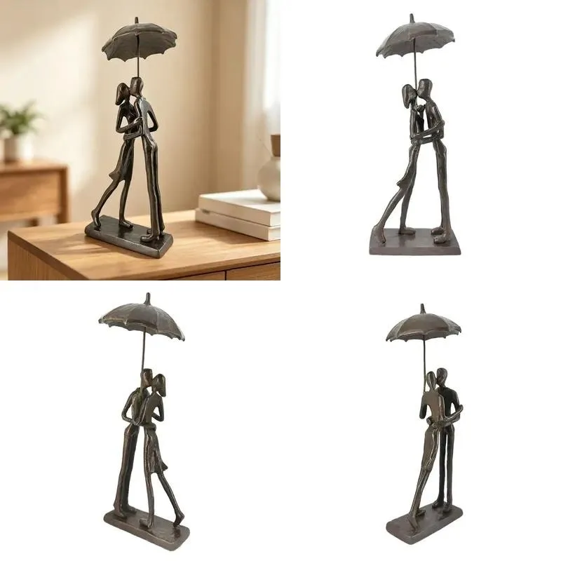 Romantic Cast Iron Couple Statues Kissing Under Umbrella Metal Sculpture Artistic Home Dining Table Decoration
