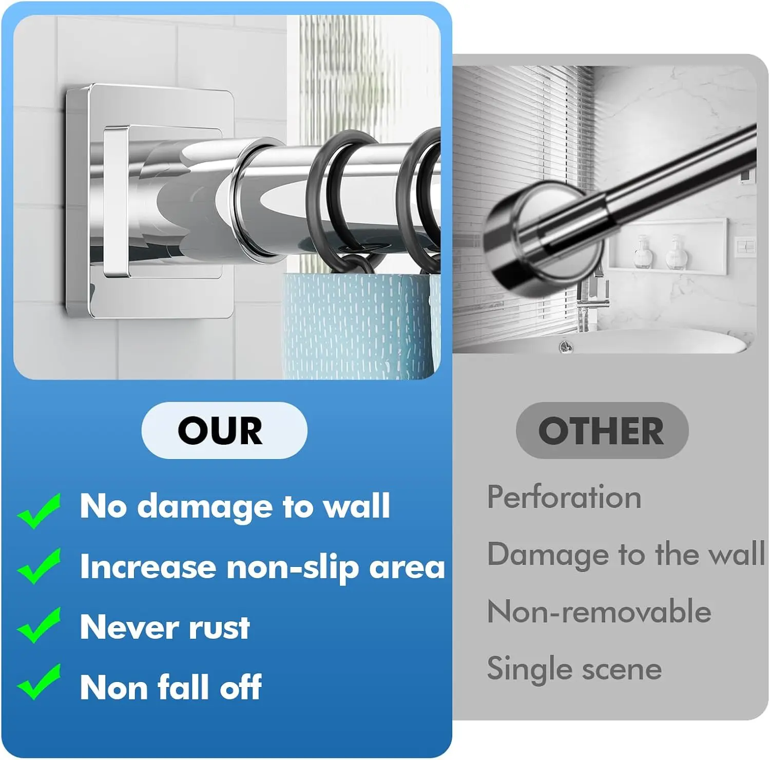 Adjustable Tension Shower Curtain Rod 30-80 Inch, Stainless Steel No Drill for Bathroom view 3