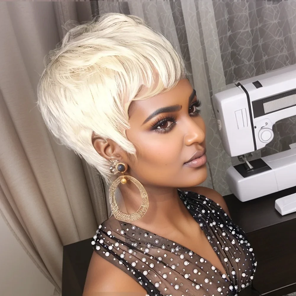 613 Blonde Color Straight Human Hair Wig for Women Pixie Cut Wig Full Machine Made Wig 150% Density 6Inch