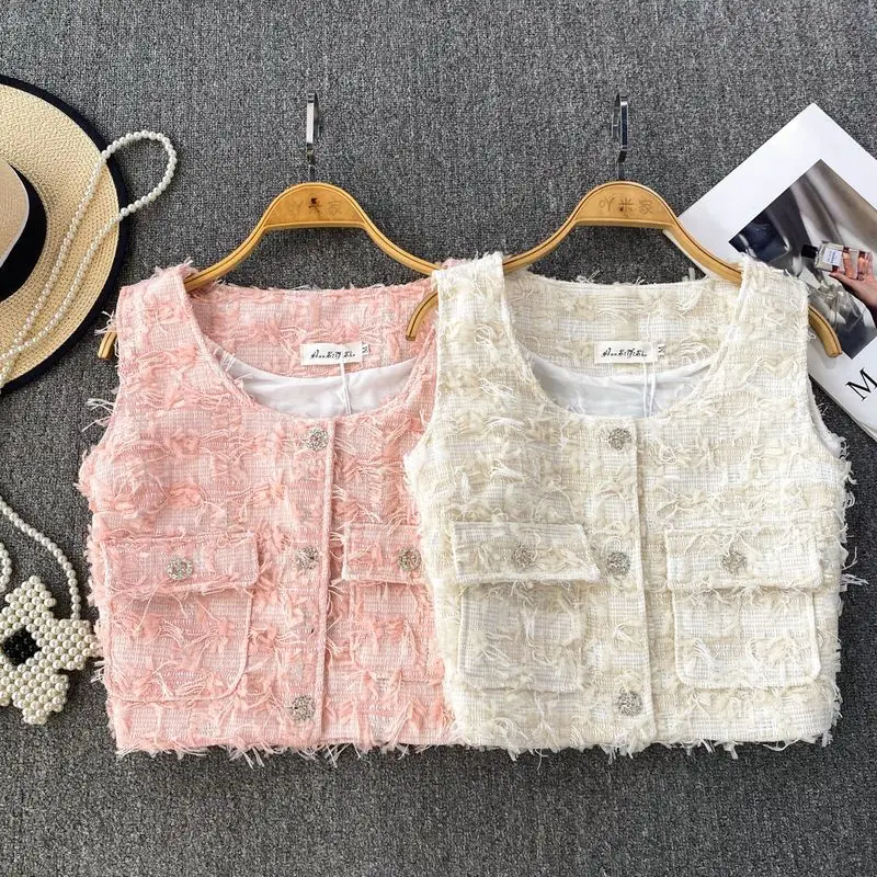 

Summer Vintage Tassels O-neck Tweed Vest Coat Women Casual All-match Sleeveless Tops Mujer 2025 New Single Breasted Jackets