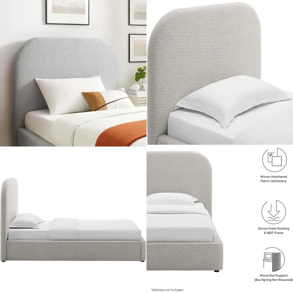 

Двуспальная кровать-платформа из ткани с эффектом меланжевого серого цвета и изогнутым изголовьем