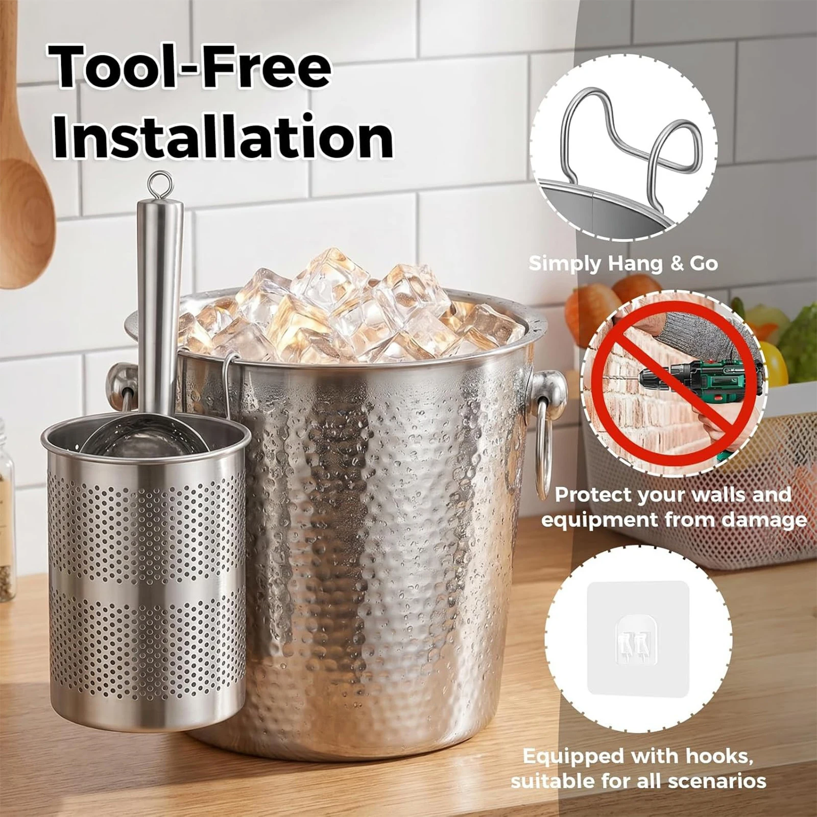 Stainless Steel Ice Scoop And Holder Set Drain Hole Design Basket with Hook Self-adhesive Hang-mounted Sticker for Ice Machines
