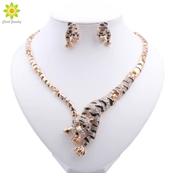 Leopard Panther Animal Jewelry Set Enamel Crystal Rhinestone Gold Color Necklace Earrings Set For Women Party Jewelry