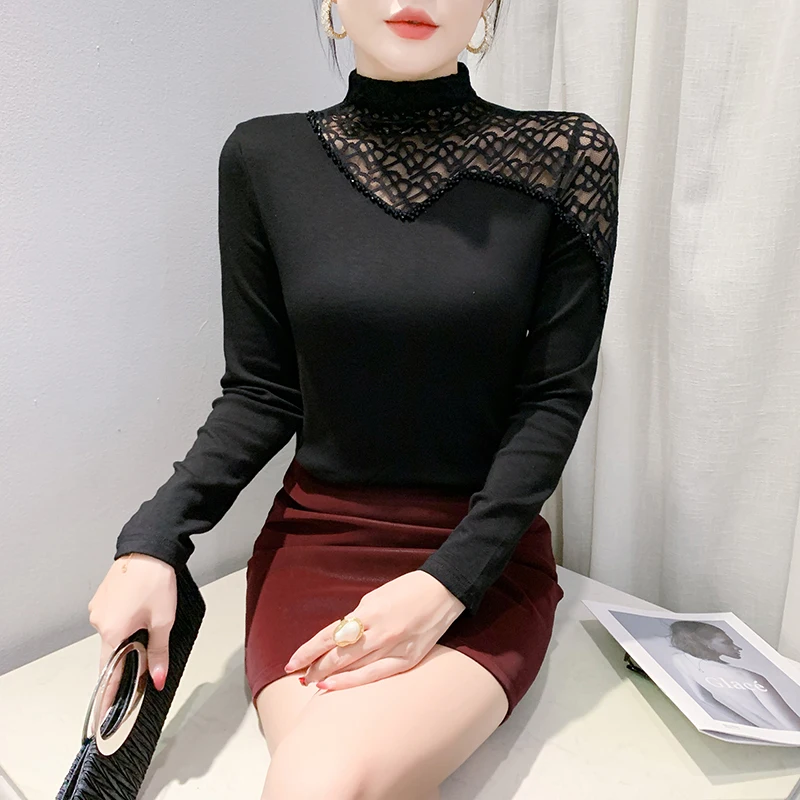 2025 Classic Embroidered Flares Cotton High Quality T-shirt Autumn Winter Woman Long Sleeve Top Half Turtleneck Hollow Out