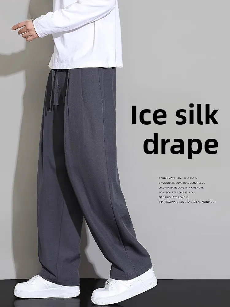 

Мужские летние тонкие брюки из ледяного шелка с широкими штанинами, новые модные универсальные свободные прямые повседневные длинные брюки для подростков из полиэфирного волокна