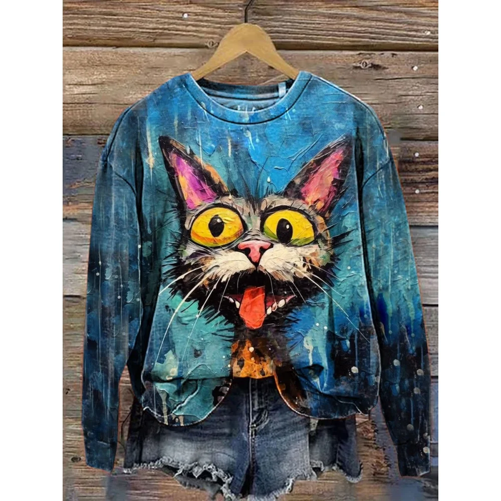 Fashion Animal Print Women\'s Hoodie Spring And Autumn Colored Tie Dye Clothing Casual Plus Size Long Sleeved T-Shirt 2024 Trend