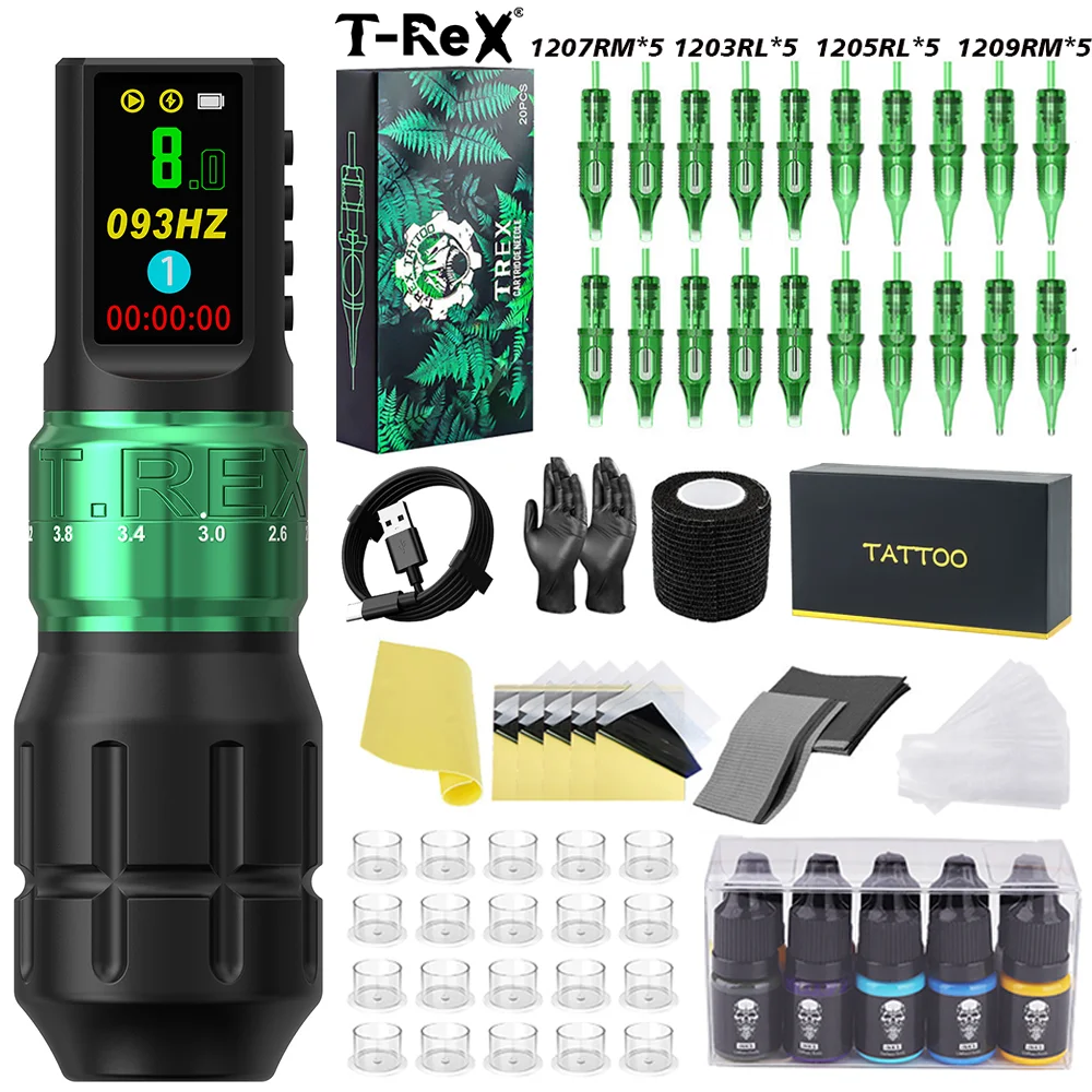 T-Rex Tattoo Kit New Cool Wireless Tattoo Machine Pen 7 Adjustable Strokes Motor LCD Screen Permanent Makeup Tattoo Pen Kit