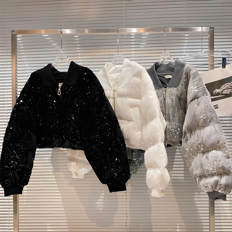 Women Velvet Sequin Drawstring Design Short Style Cotton Jackets Winter New Zipper Unique Personality Warm Parker Outwears