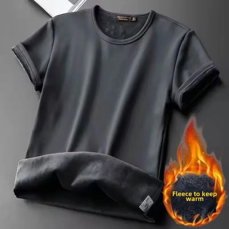 New Style Men's Short Sleeve T-Shirt Plus Size Base Layer Top Solid Color Autumn Fleece-Lined and Thickened Warm Inner Top Round