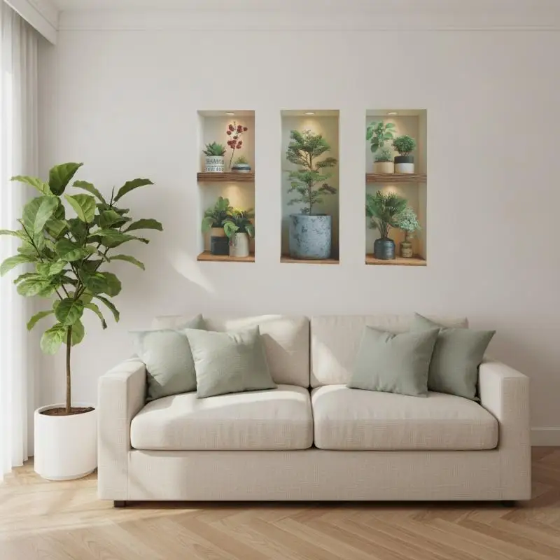 Potted Plant Stick Wall Decals 3Pcs Set Waterproof Fade-Resistant Stickers for Stairway Entrance Hall Office Decor