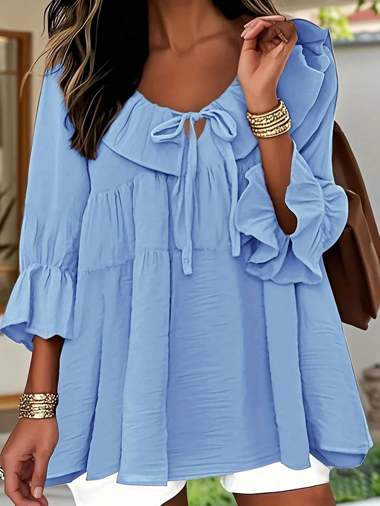 

Плюс размер, однотонный топ с рюшами и v-образным вырезом, осень-зима 202, новые модные топы с длинными рукавами и галстуком, осень, лучший выбор