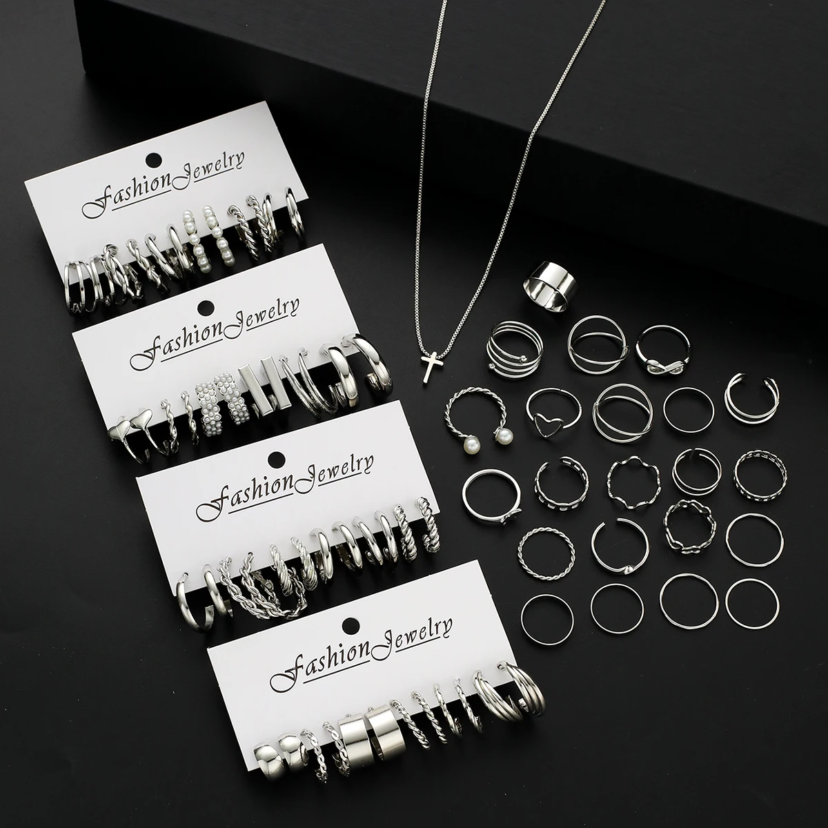 71pcs Simple Faux Pearls Cross Necklace Bracelet Ring Earring Jewelry Set for Women Daily Party Wear Holiday Dating Holiday Gift - view 4