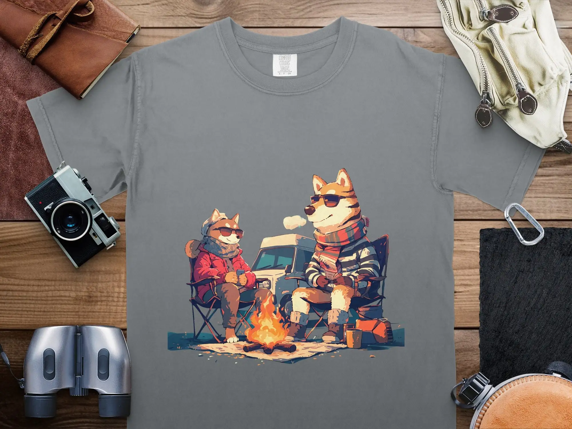 Shiba Inu Couple Camping Adventure T Shirt Outdoorsy Dog Lovers Casual Nature Inspired Apparel