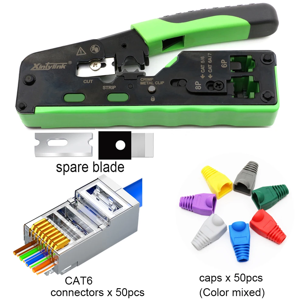 STP 50set CAT6 connector caps+CAT5 CAT5E CAT6A CAT7 CAT8 Crimping Pliers rj45 crimper network tool stripper ethernet cable kit