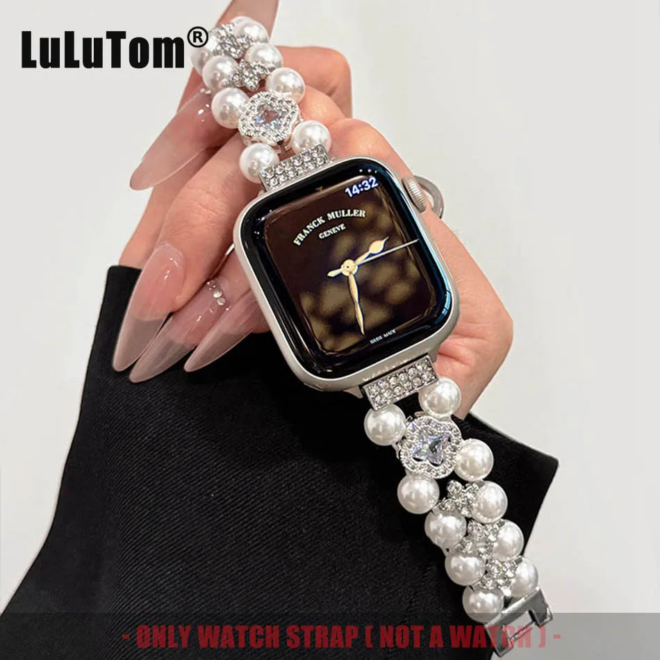 Pearl Four-leaf Clover Zircon Strap for Apple Watch Band Series 10 9 8 7 6 SE 5 4 Ultra iwatch 46mm 42mm 38-49mm Women Bracelet