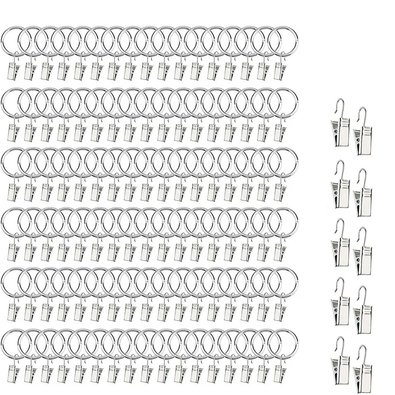 

100 шт. кольцо для занавески с зажимом и 10 шт. зажимов, 1 дюйм (2,54 мм), металлическое декоративное серебряное кольцо для занавески на окно