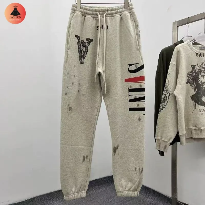 Real Saint Mens Womens High Street Vintage Inner Drawstring Graffiti Winter Autumn Jogging Plush Casual Sweatpants