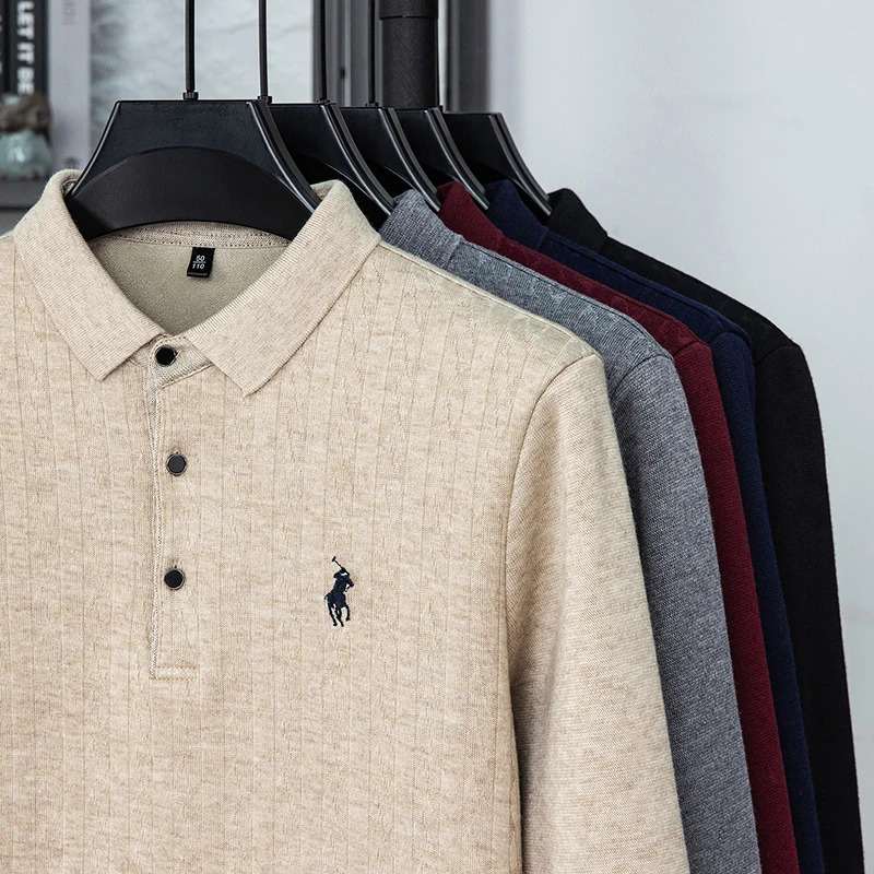 

Новинка осени и зимы 2025 года, мужской вязаный свитер с воротником из шелковой шелковой шерсти и толстым бархатом и свитер-поло