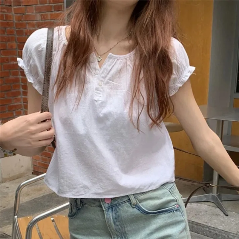 

Women's Summer Ruffle Bubble Sleeve Button Down Blouse Casual Loose Short Sleeve TopYY223