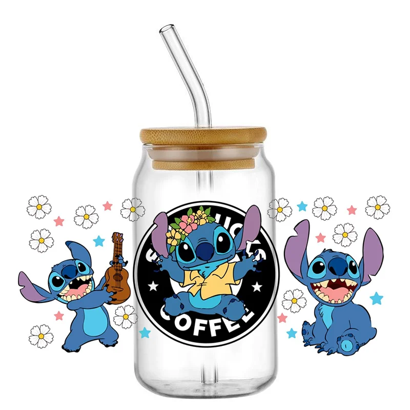 Miniso Stitch 16oz UV DTF Cup Wrap Cartoon Transfers Libbey Wrap Tumbler DIY Logo Sticker Glass Can Selfadhesive Waterproof