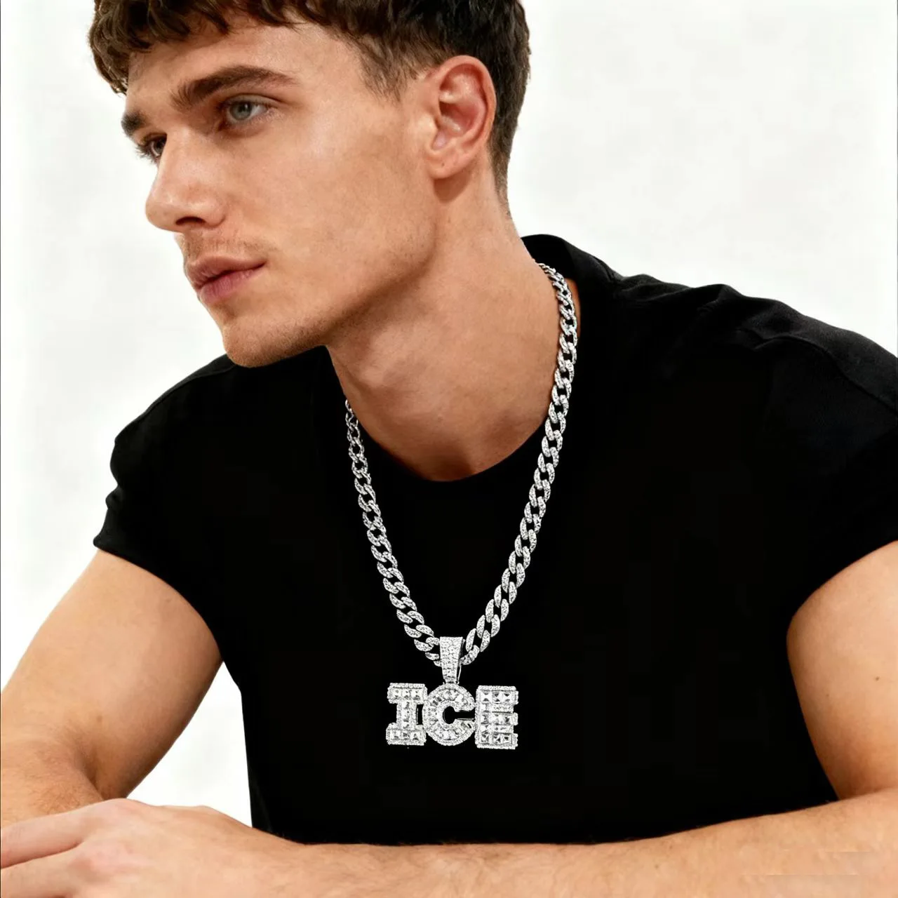 DIY accessories European and American personalized new product glass diamond letter ICE pendant niche hip hop trend wild jewelry