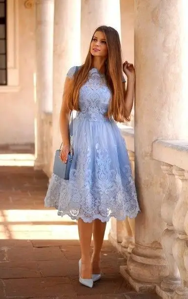 Knee Lenth Lace Prom Dress A-Line Short Homecoming Dress Short Sleeves Sky Blue Birthday Party Gowns Customized
