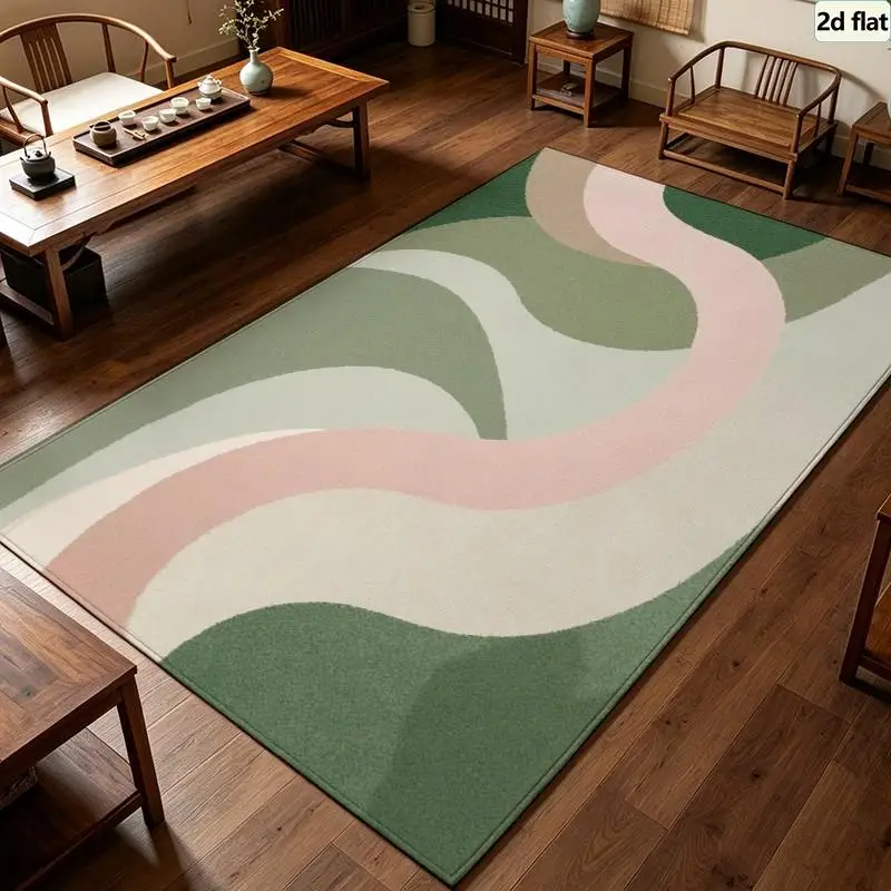 Carpet Flooring Sage Green Pink Curved Wave Abstract Area Rug Modern Boho Floor Carpet for Bedroom Living Room