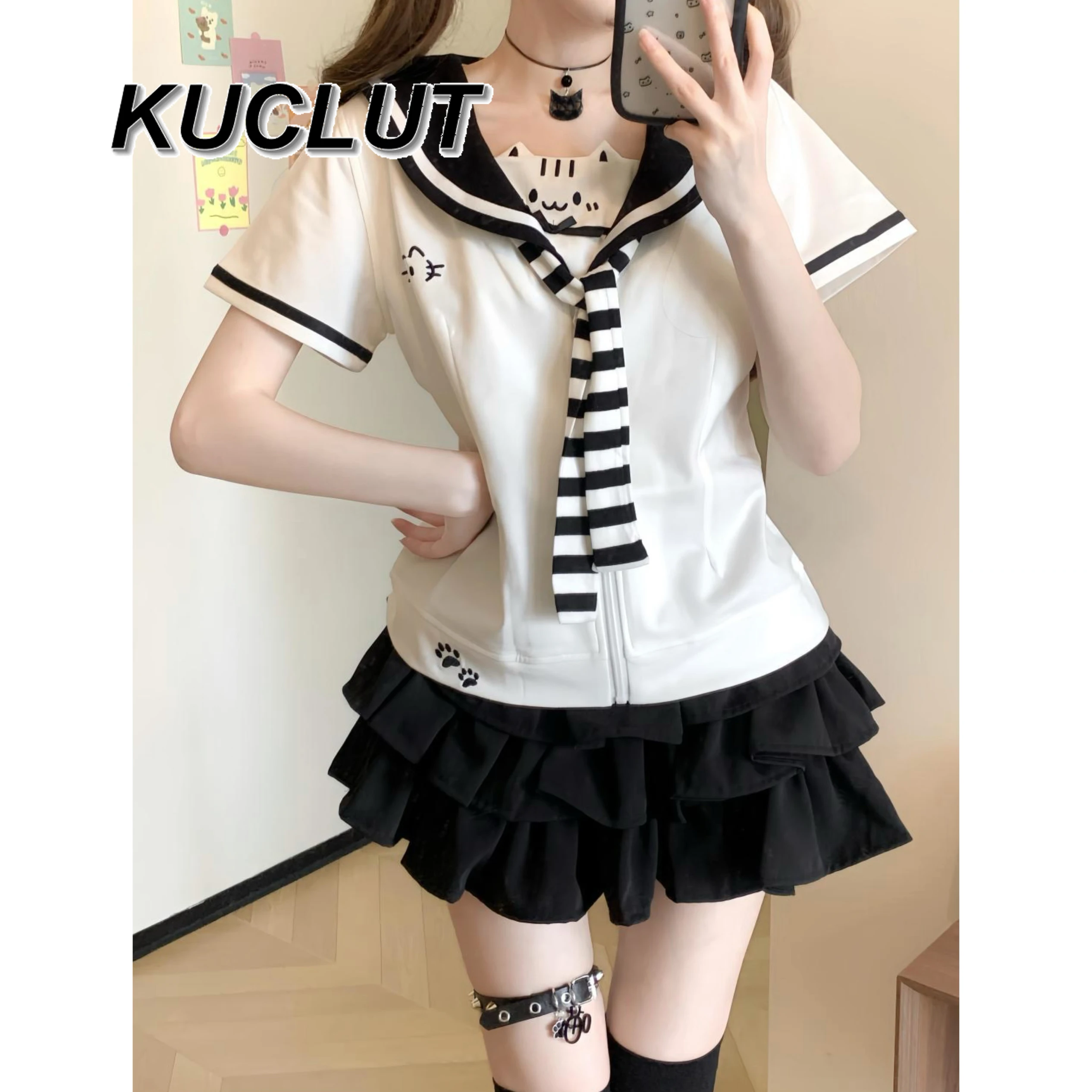 New Summer Sweet Outfits Japanese Style Women's 2 Piece Sets Navy Collar Bow Short-sleeved Top and Skirt Set Girl Uniform Suit.
