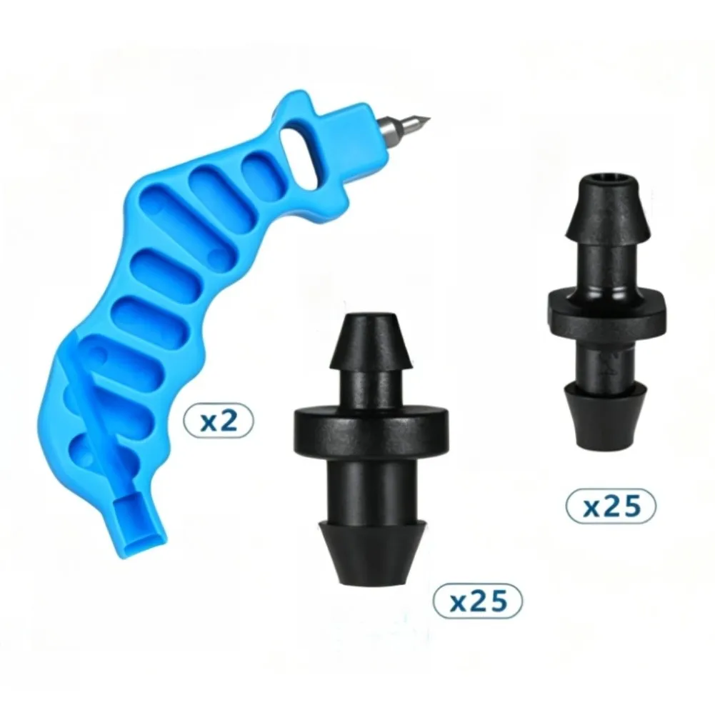 1/4 inch Drip Irrigation Puncher Set 52 pcs Includes 2 Punch Tools 25 Barbed Connectors 25 Spikes for Small Scale Farming