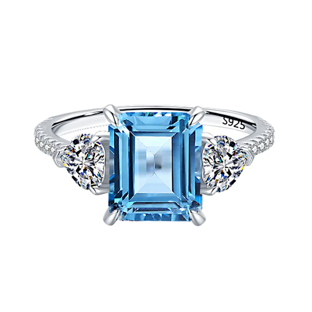 

5.5 Carat Aquamarine 8x10mm 925 Sterling Silver High Carbon Diamond Ring for Women