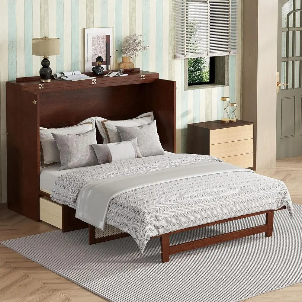 Queen Murphy Bed Chest with Large Drawers, Space-Saving Cube Cabinet Bed, Rattan Decoration, Living Room, Bedroom, Apartment (Ma