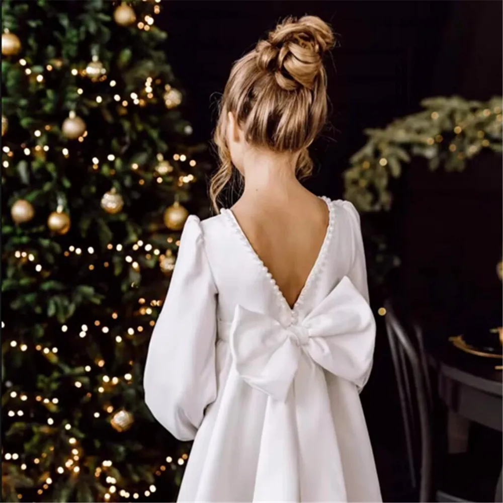 Robes à fleurs personnalisées pour filles, en Satin blanc, col de perles avec nœud, manches longues, pour mariage, anniversaire, Banquet, robes de sainte Communion