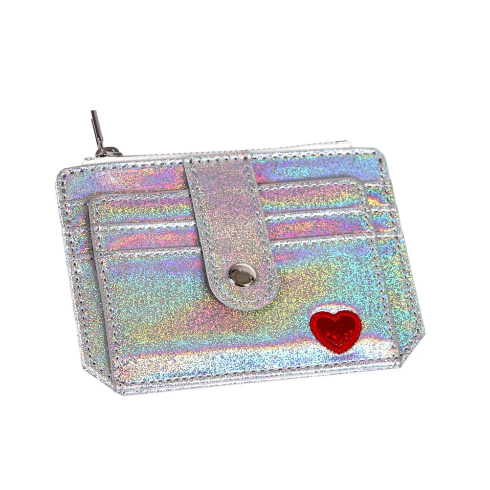 

Holographic PU Change Purse for Women Shiny Embroidered Coin Wallet with Heart Design Large Capacity Card Holder Zipper