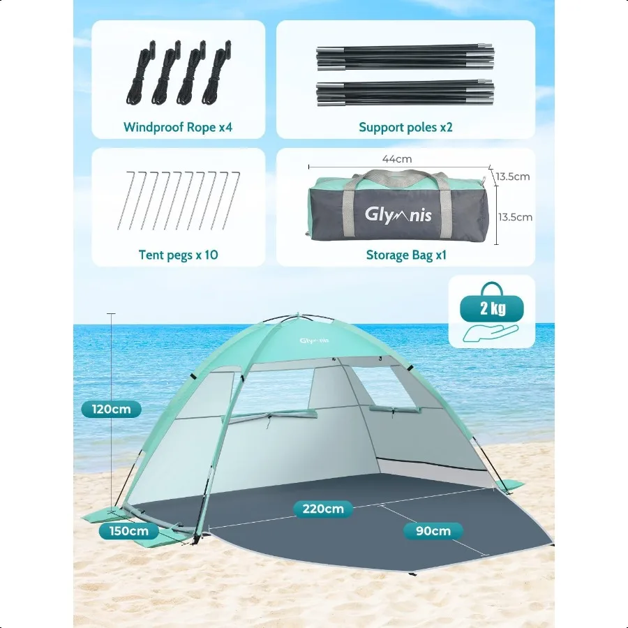 Tenda da spiaggia Riparo solare per 3 persone con protezione UV UPF 50+ Leggero e facile installazione Tettuccio parasole da spiaggia con finestre di sfiato Zipp