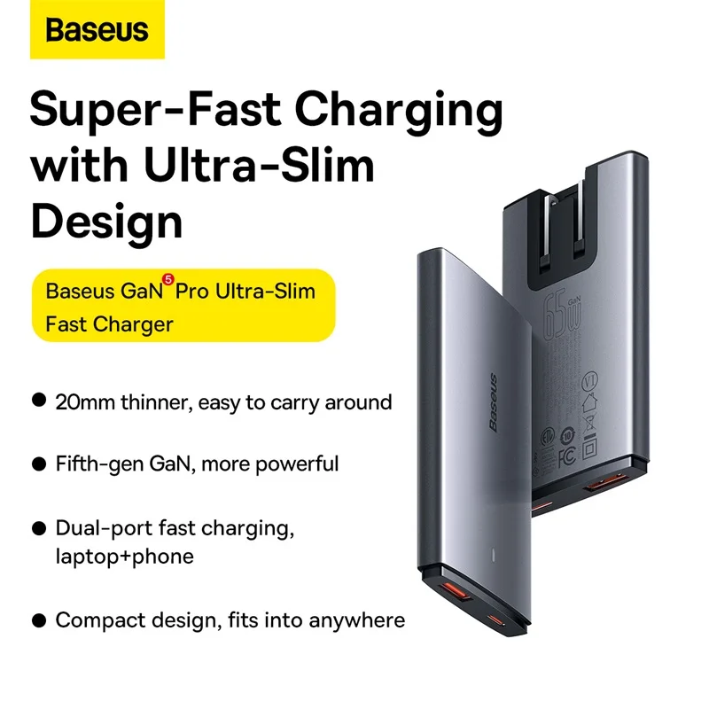 Baseus GaN5 Pro Ultra-Slim Fast Charger C+U 65W (Overseas Edition) Gray((With Mini White Cable Type-C to Type-C 100W(20V/5A) 1m