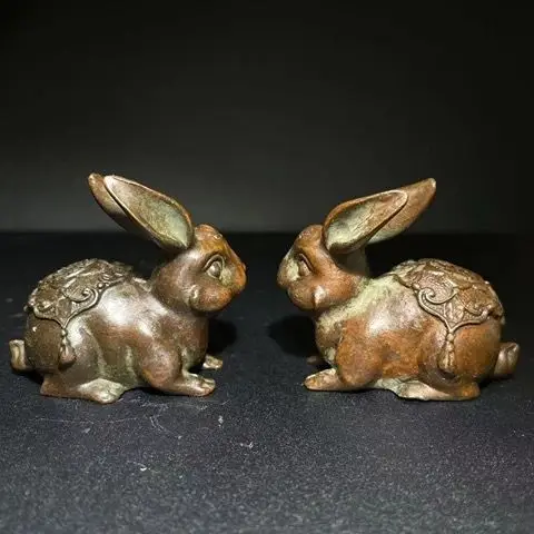 Bronze Zodiac Fortune Double Rabbit Ornaments, Chinese Home Accessories, Old Copper Old Pulp Crafts Ornaments