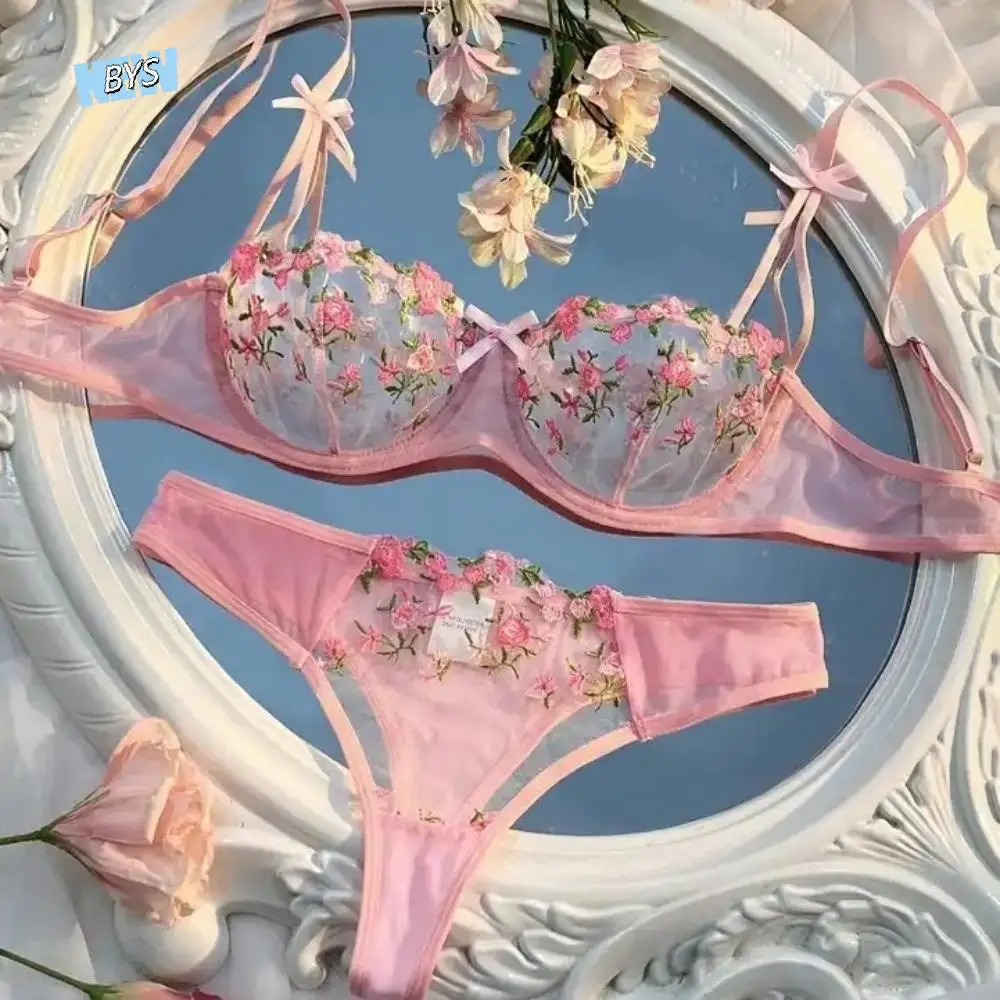 

2pcs Set Sweet Mesh Lace Flower Bra Sexy Erotic Bra Panties Set Intimates Bowknot Push Up Bra Women Women
