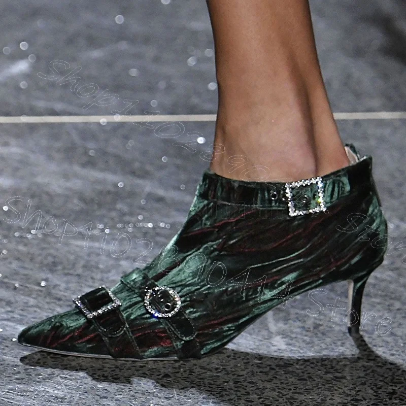 

Crystal Buckle Green Corduroy Pointed Toe Boots Back Zipper Women ShoesThin High Heels New Party Runway 2025 Zapatos Para Mujere