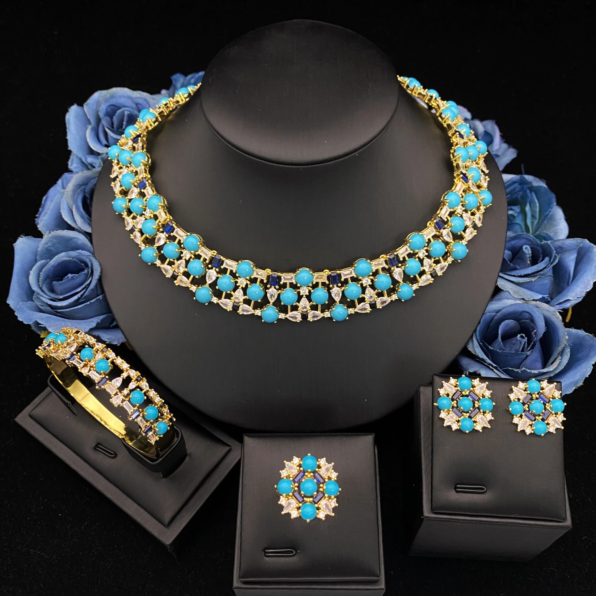 

JRH 4-Piece Gift Set Gold Plated Zircon Jewelry Necklace Earrings Bracelet Ring Luxury Birthday Gift for Her