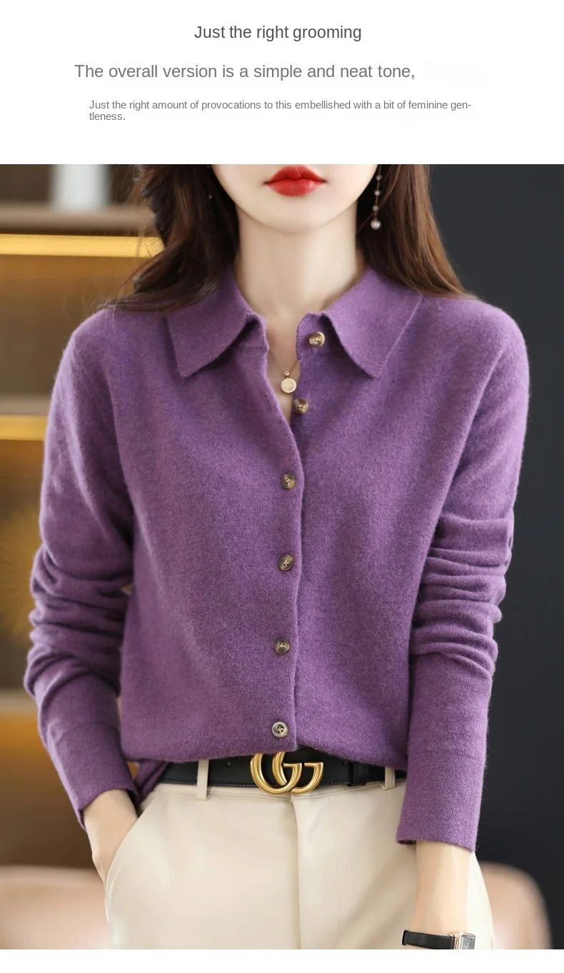 2024 Damen-Strickjacke mit POLO-Kragen, Basic, vielseitig, oben aus gesponnener Wolle, eleganter einreihiger Pullover DMR 430 – Detail 28