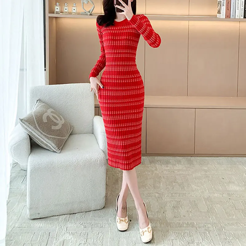 Women\'s Clothing Round Neck Knitted Midi Dress Elegant Slim Waist Spring Autumn Long Sleeve Chic Vintage Striped Bag Hip Dresses