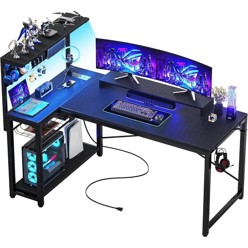 

Small Gaming Desk with Power Outlets Pegboard LED Light, 51 Inch L Shaped Computer Desk with Monitor Stand Storage Shelves, Rev