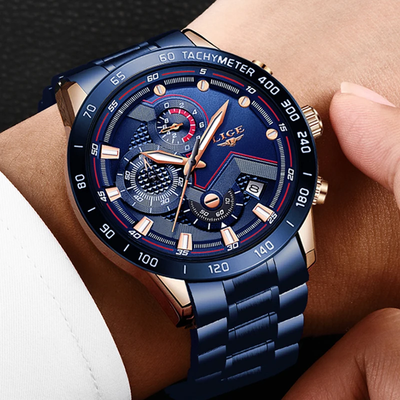 LIGE Fashion Luxury Quartz Man Watch Stainless Steel Band Waterproof Casual Sport Watches for Men Chronograph Business Reloj+Box