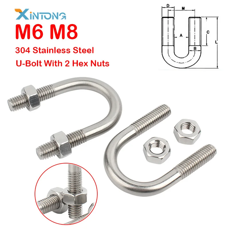 M6 M8 U-Bolt With 2 Hex Nuts Clamp Pipe Tube Marine U-Fixed Clamps A2 304 stainless steel