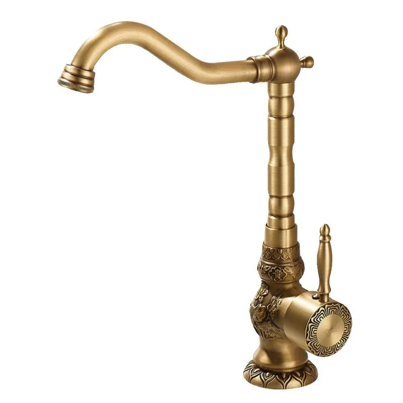 European Antique Style Retro All Copper Faucet for Bathroom Cabinet Hand Washing Basin Vegetable Countertop Rotatable Design