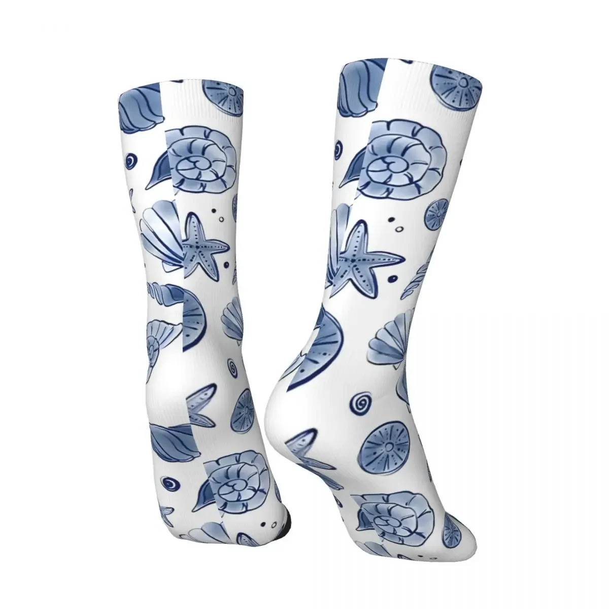 Marine Life Seashell Blue And White Pattern Men's Socks Retro Harajuku Street Style Novelty Pattern Crew Sock