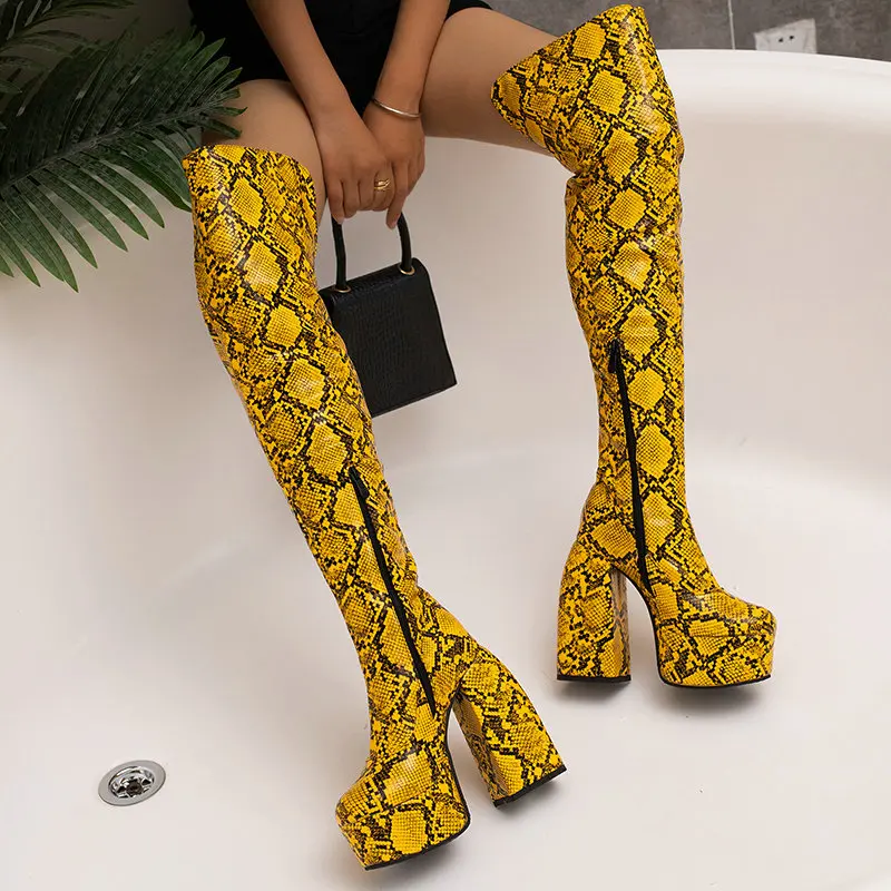 Size 48 Neon Yellow Snake Skin PU Leather Women Overknees Sexy Block High Heels Thigh High Western Over-the-knee Platform Boots