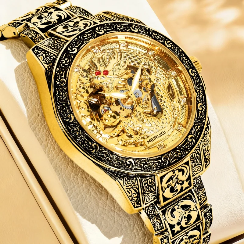 A men's yellow retro style high-end carved yellow dragon fully automatic mechanical watch - Image 2